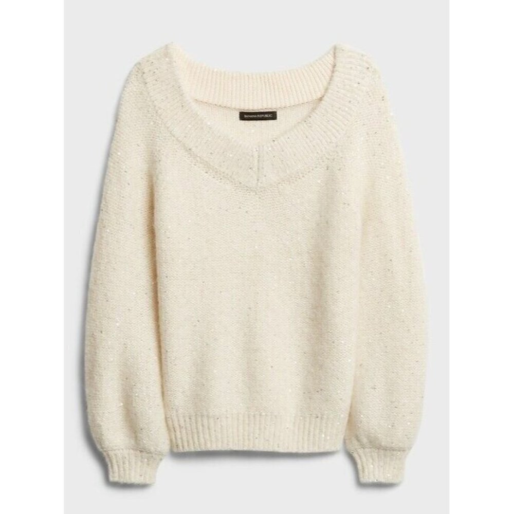 Banana Republic Women XS Ivory White Sequin V-Neck Sweater Knit Hol' 20 Pullover